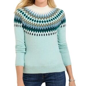 TALBOTS Women Fair Isle Chevron Blue Mock Neck Sweater Sz Medium P Winter Knit